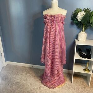 Albert Capraro Pink Striped 70s Strapless Maxi Dress